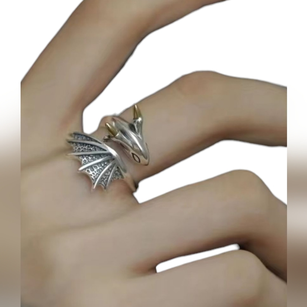 Golden-Horned Silver Smoke Dragon Adjustable Wrap Ring